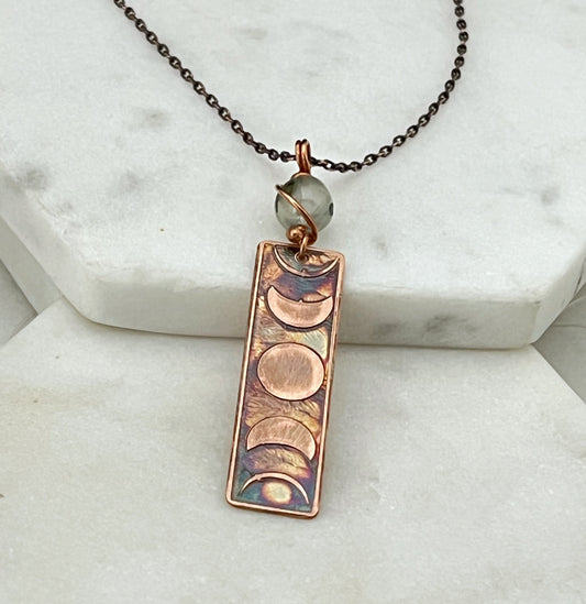 Moon phase acid etched copper necklace with prehnite gemstone