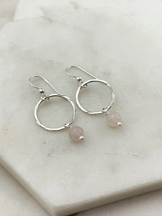 Sterling silver hoop earrings with rose quartz gemstones