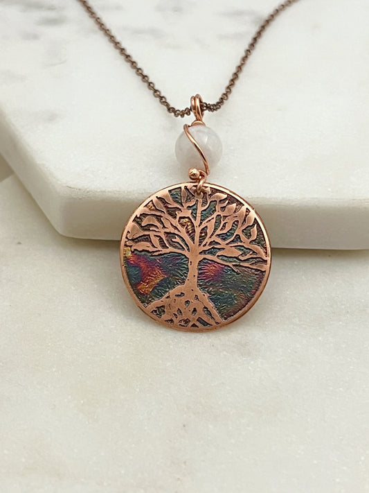 Copper and moonstone rooted tree necklace