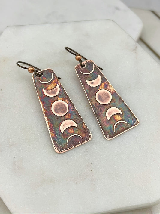 Acid etched copper moon phase earrings