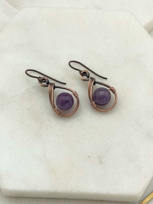 Copper oval hoops with amethyst gemstones