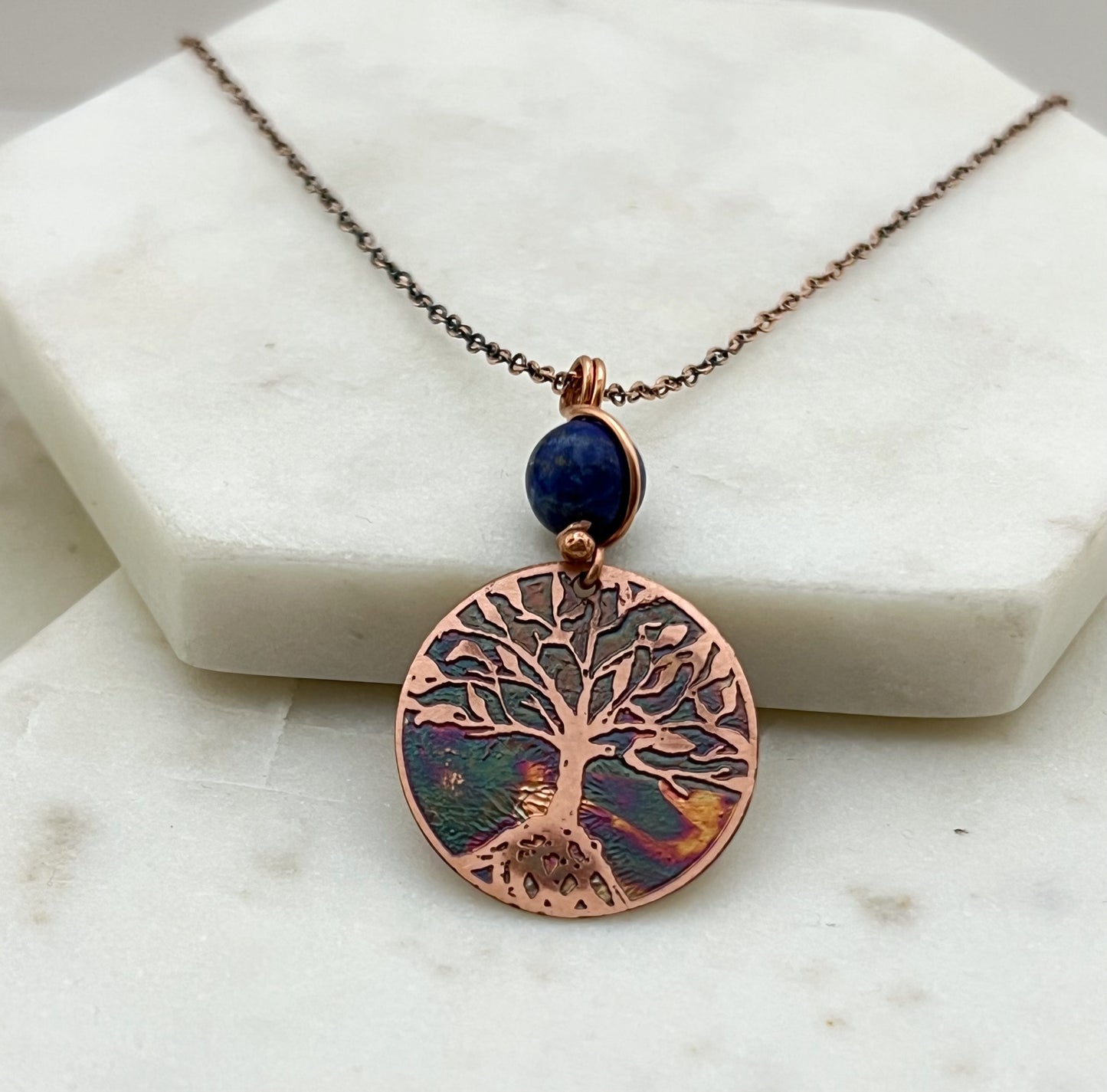 Copper and lapis rooted tree necklace