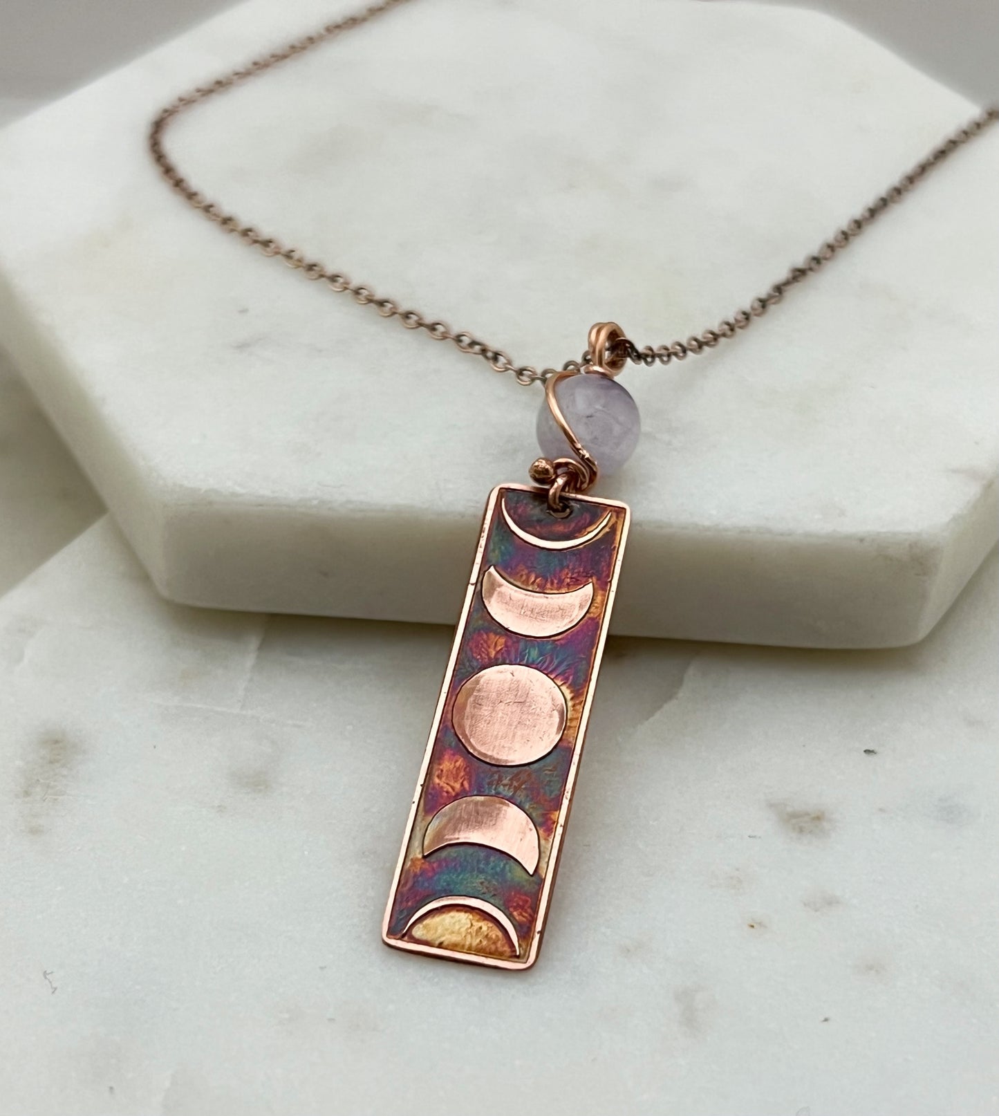 Moon phase acid etched copper necklace with amethyst gemstone