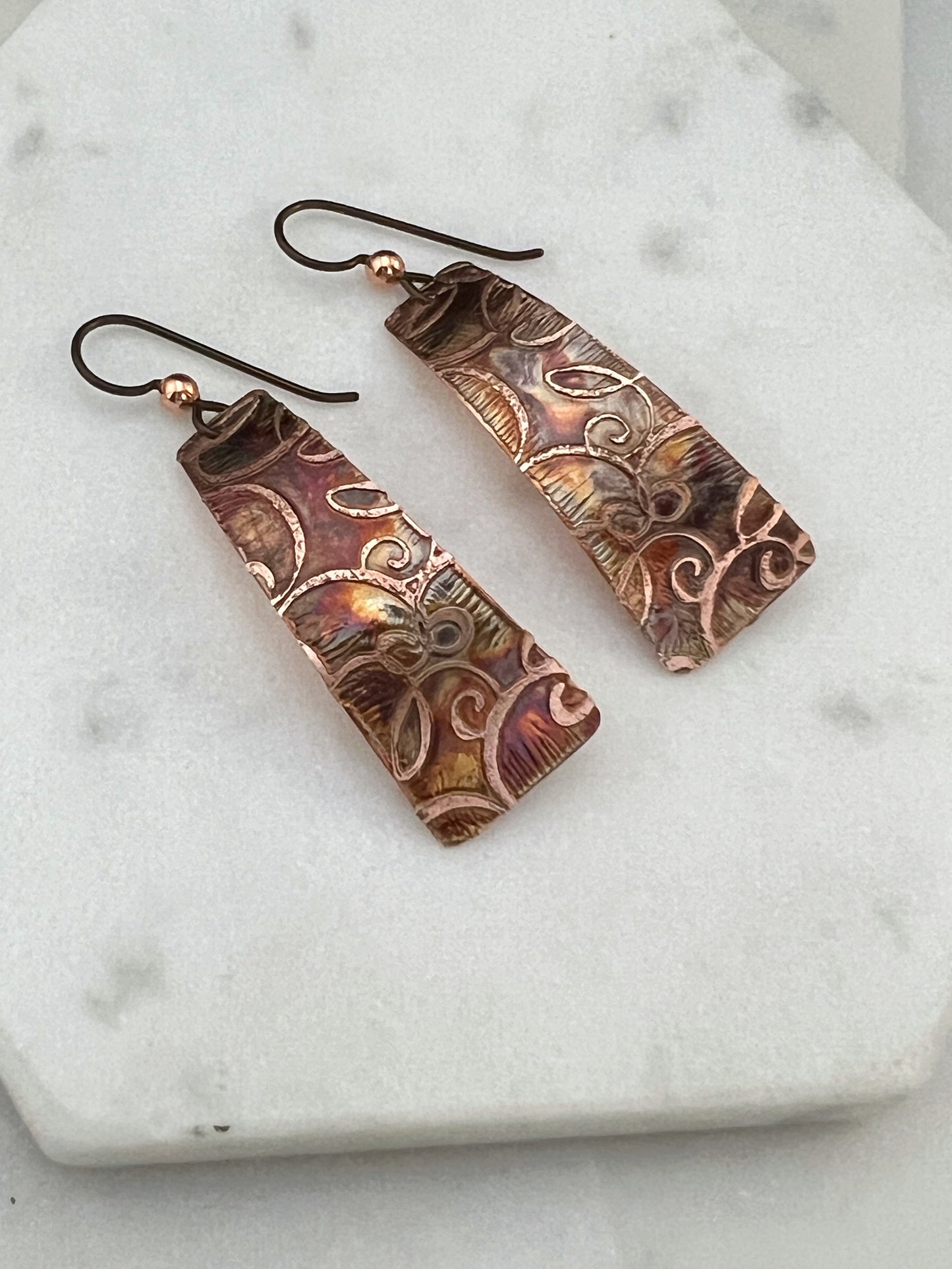 Acid etched copper irregular rectangle earrings