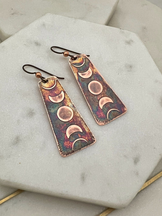 Acid etched copper moon phase earrings