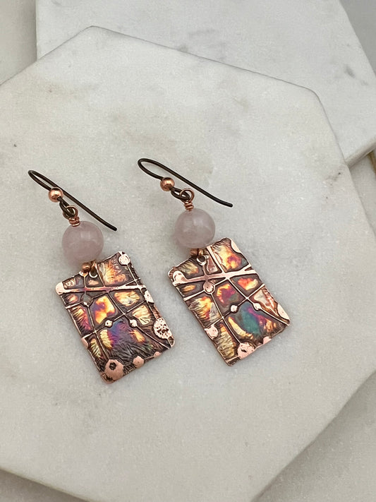 Acid etched copper earrings with rose quartz gemstones