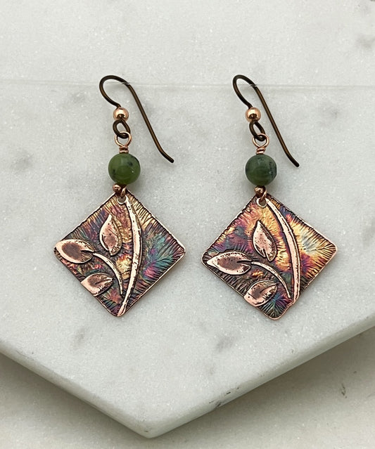 Acid etched copper earrings with jade gemstones