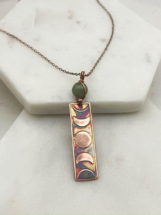 Moon phase acid etched copper necklace with jade gemstone