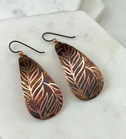 Large acid etched copper teardrop earrings