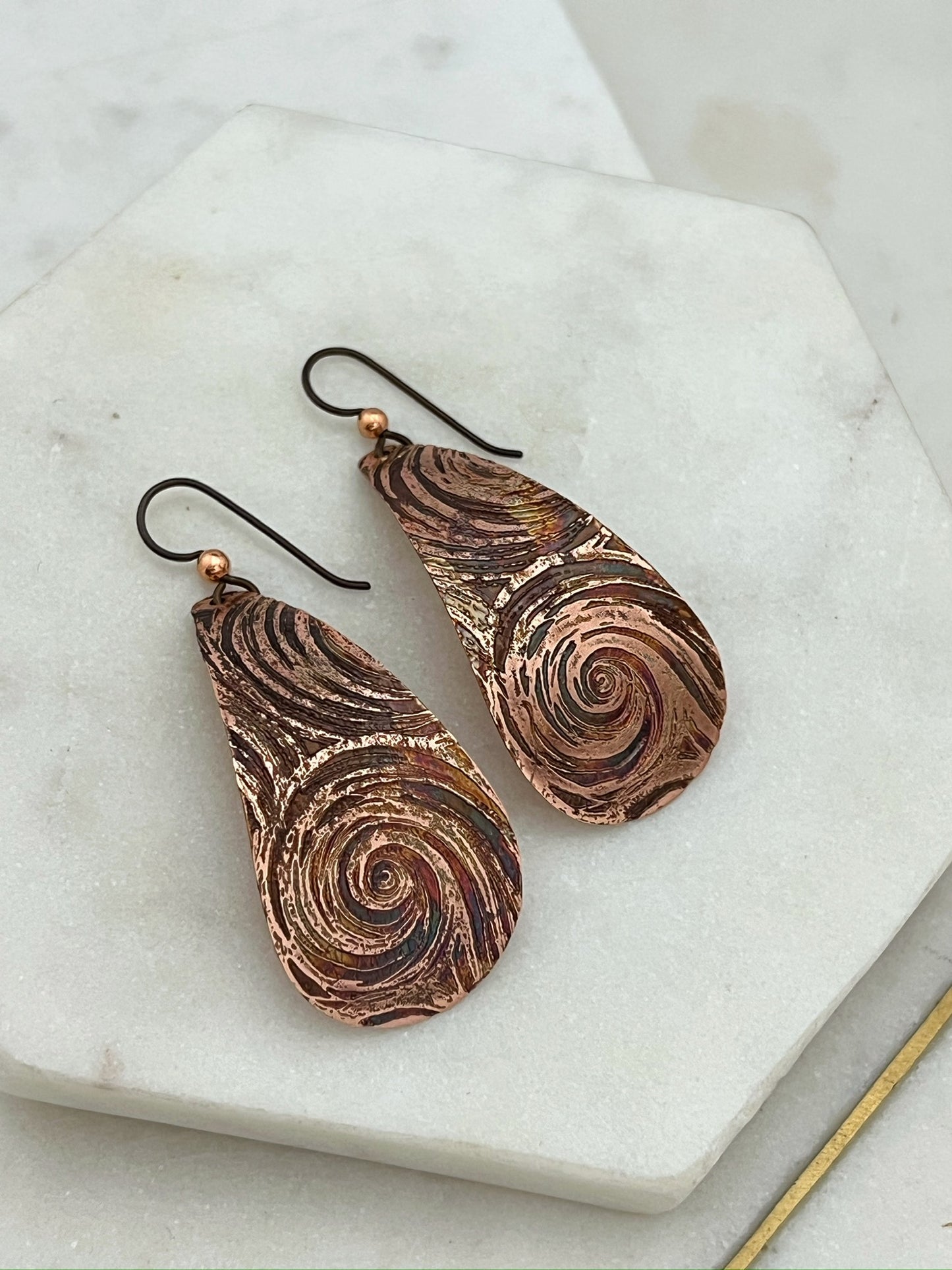 Large acid etched copper teardrop earrings