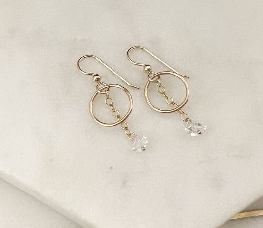 14K Gold and Herkimer diamond hoops