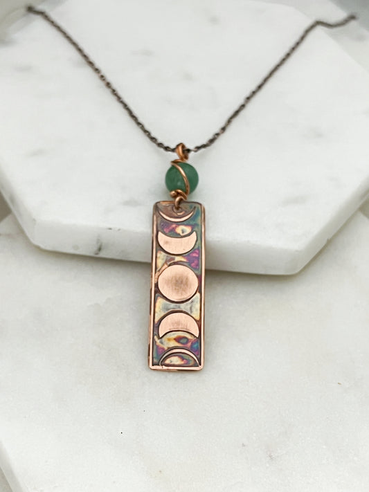 Moon phase acid etched copper necklace with aventurine gemstone