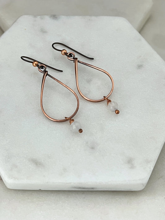 Copper teardrop hoop earrings with moonstone