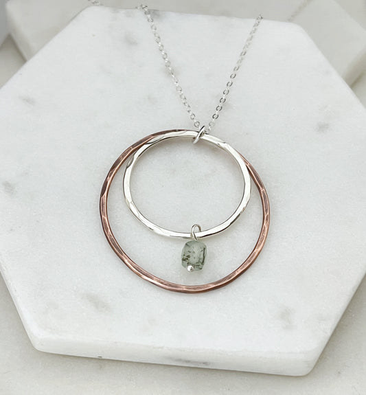 Sterling silver and copper forged hoop necklace with prehnite