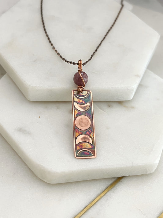 Moon phase acid etched copper necklace with lepidolite gemstone