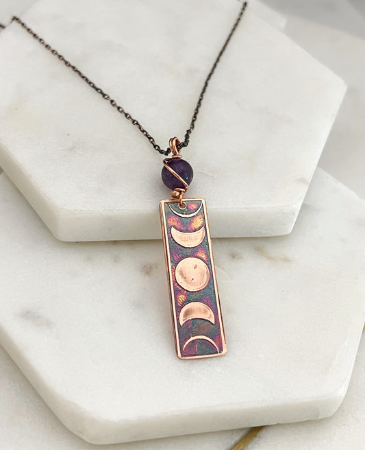 Moon phase acid etched copper necklace with amethyst gemstone