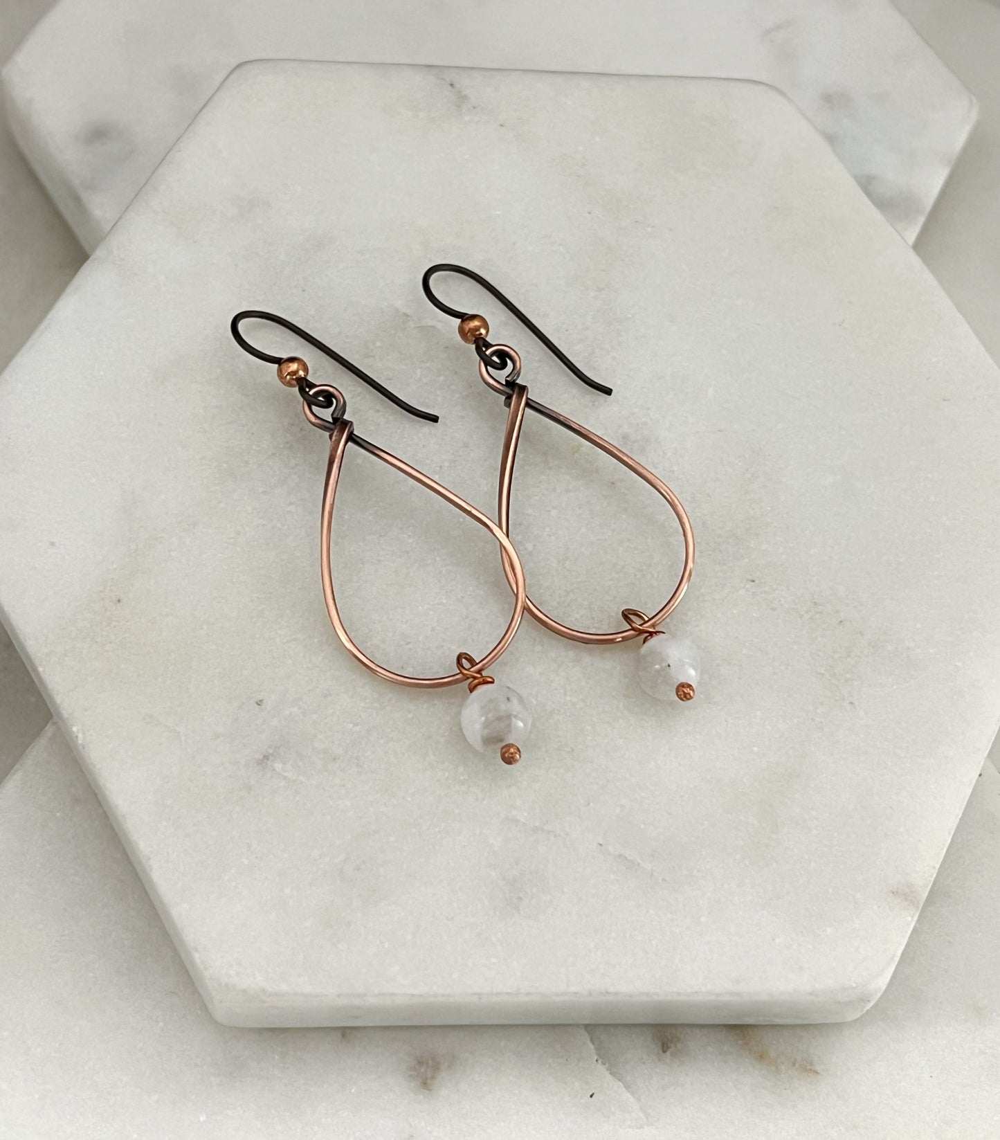 Copper teardrop hoops with moonstone