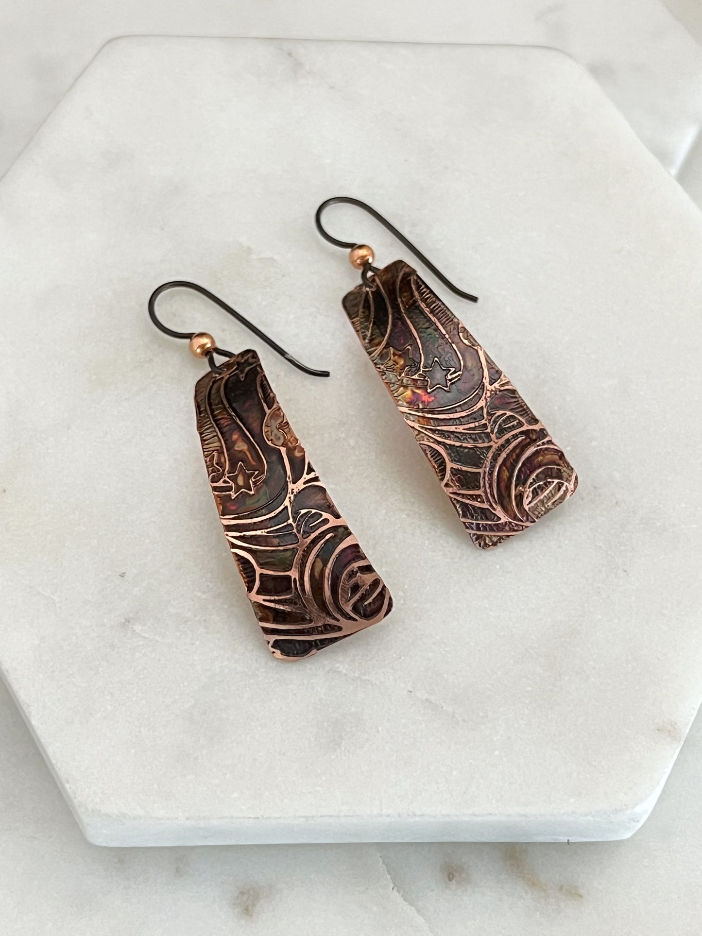 Acid etched copper irregular rectangle earrings