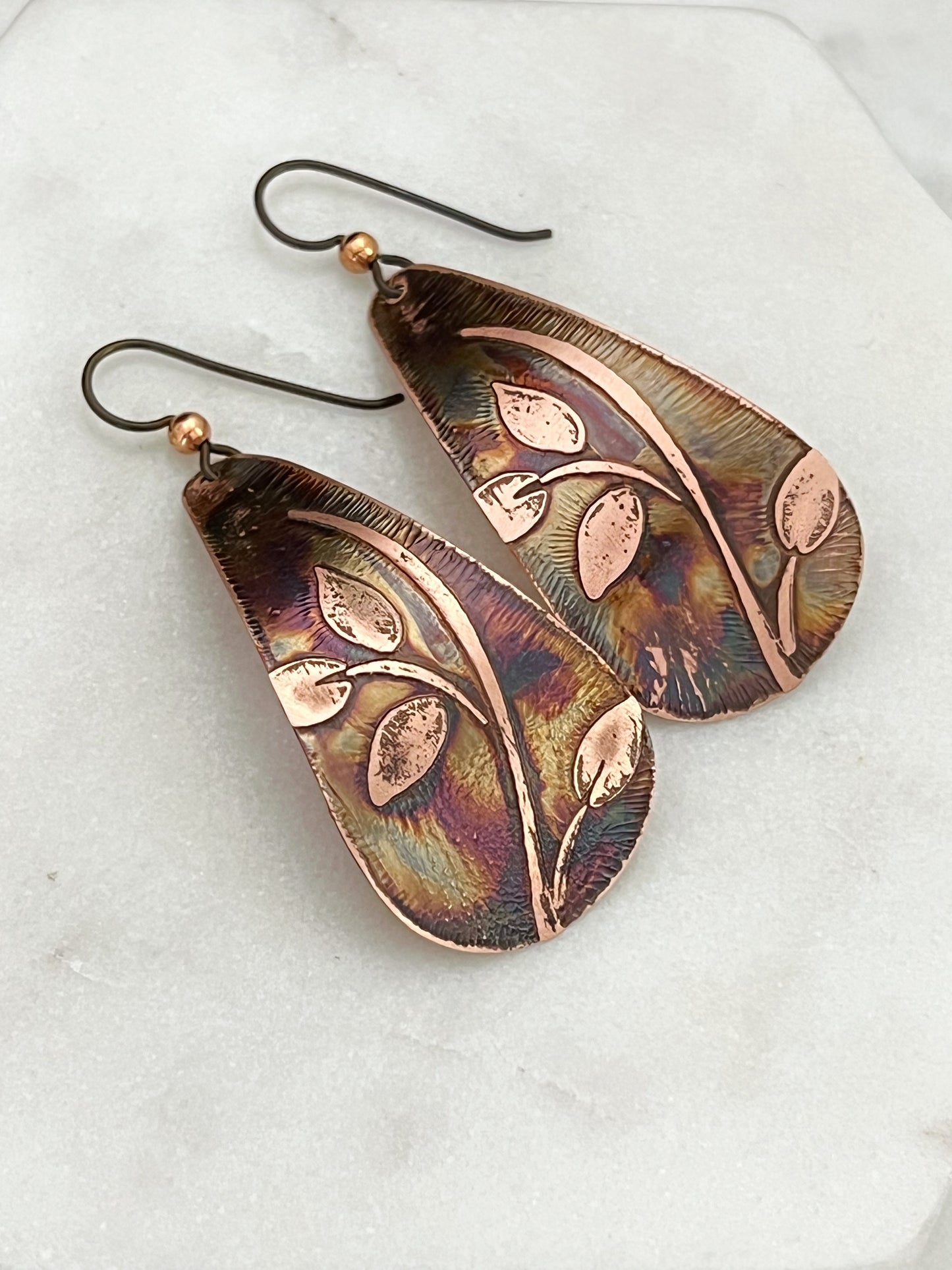 Large acid etched copper teardrop earrings