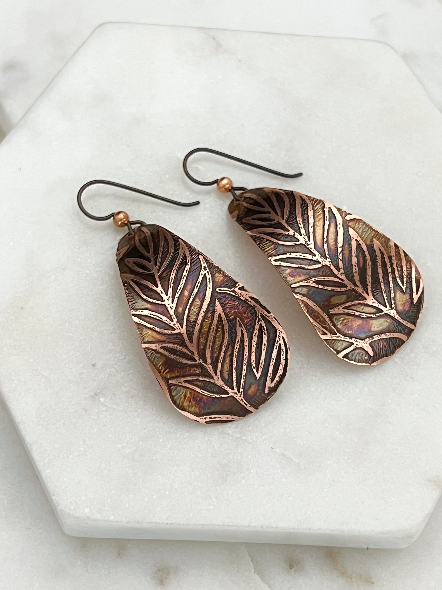 Large acid etched copper teardrop earrings