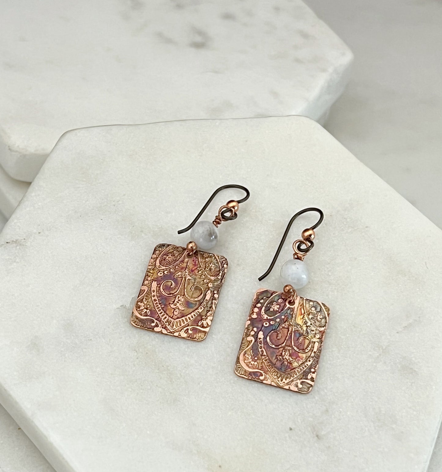 Acid etched copper earrings with moonstone gemstones