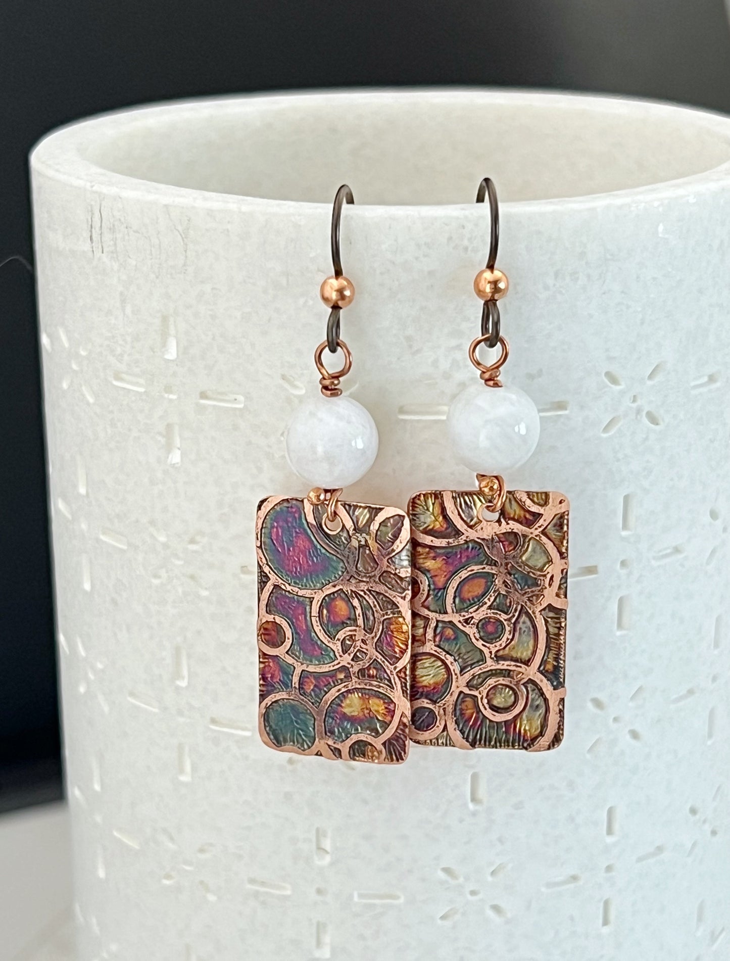 Acid etched copper earrings with moonstone gemstones