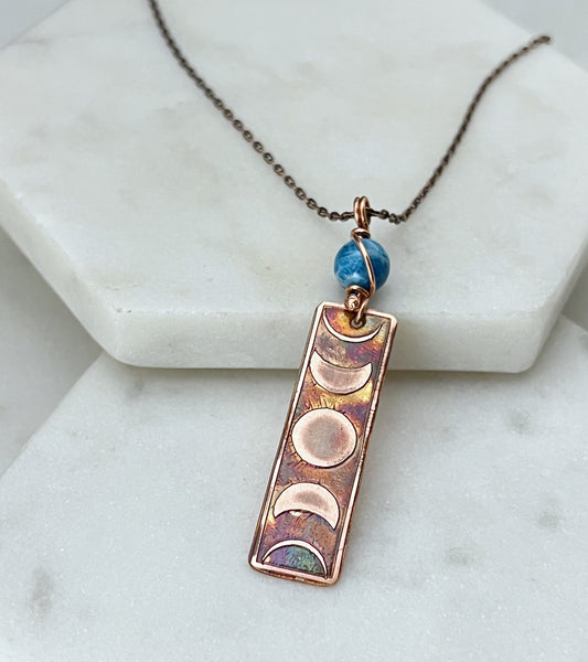 Moon phase acid etched copper necklace with apatite gemstone