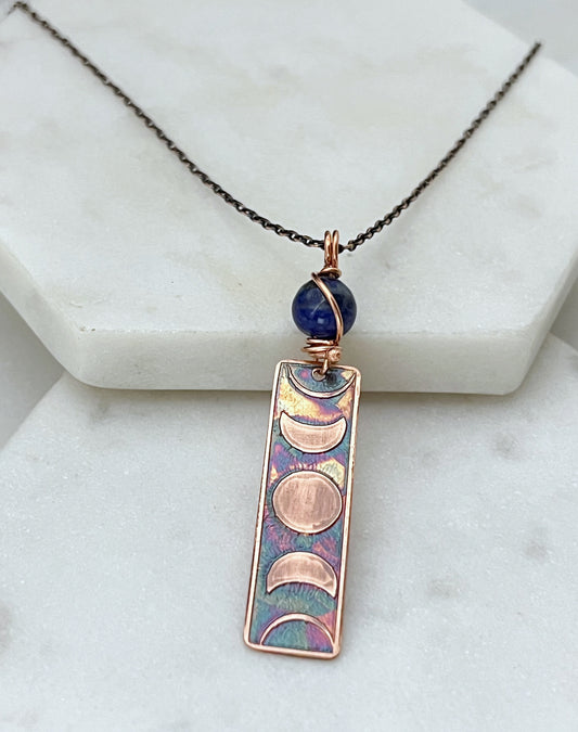 Moon phase acid etched copper necklace with lapis gemstone