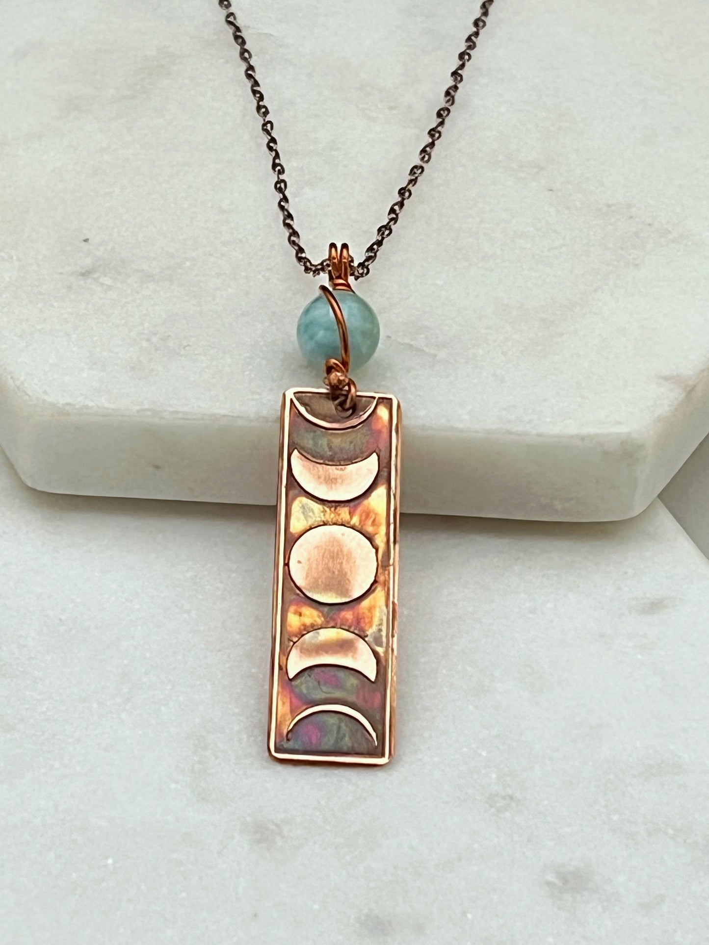 Moon phase acid etched copper necklace with amazonite gemstone