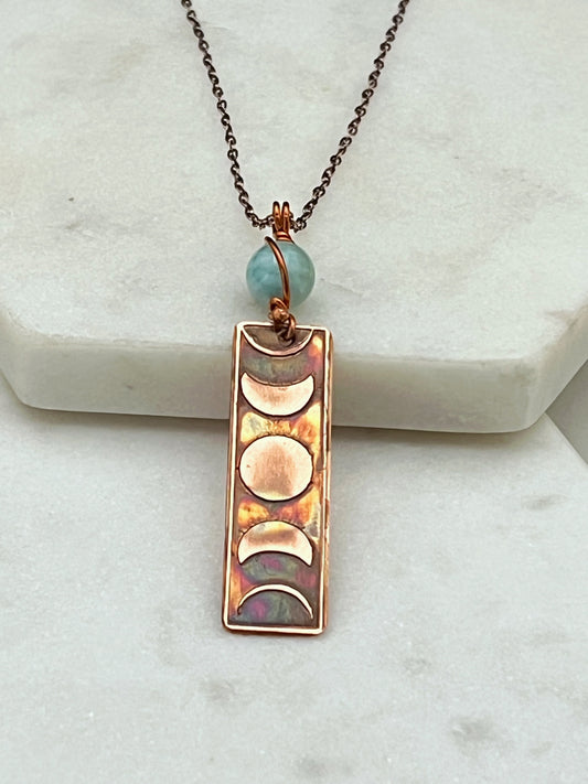 Moon phase acid etched copper necklace with amazonite gemstone