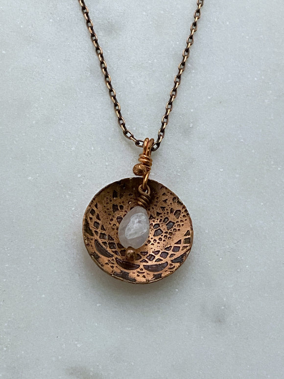 Handmade acid etched copper necklace with prehnite gemstone