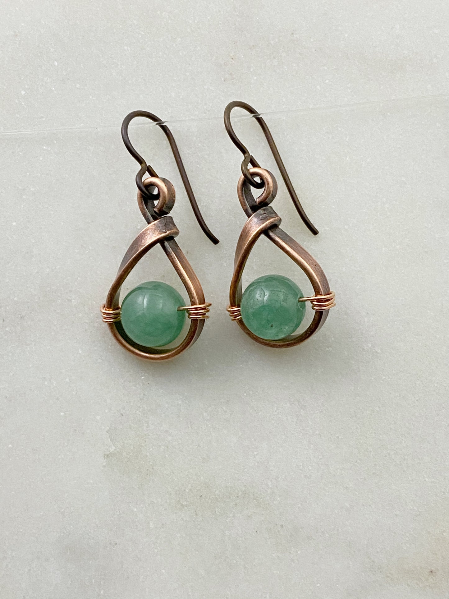 Copper teardrop hoops with aventurine