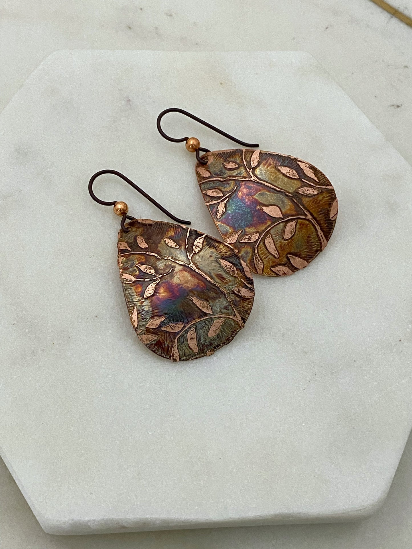 Acid etched copper medium teardrop earrings