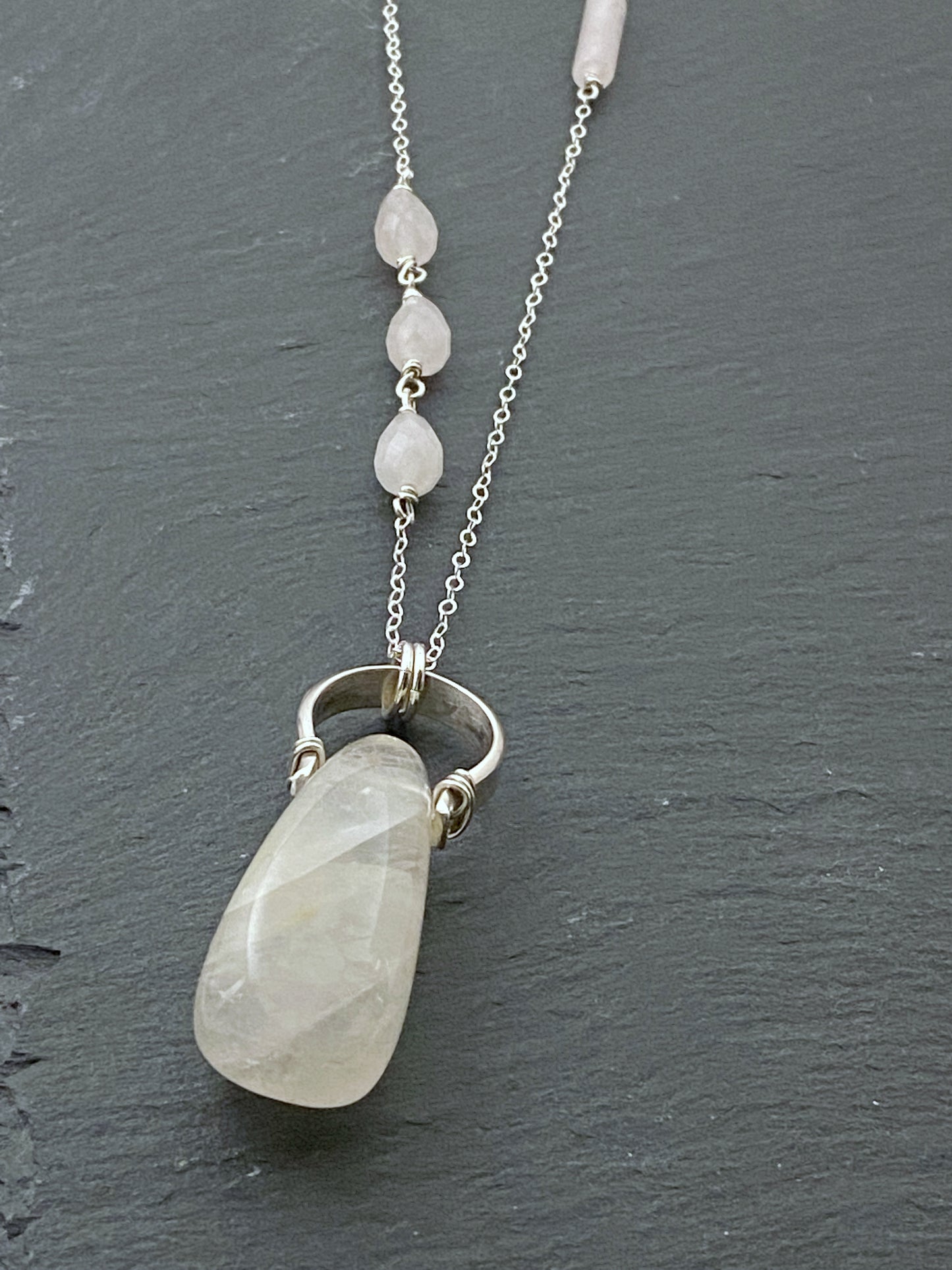 Forged sterling silver necklace with rose quartz