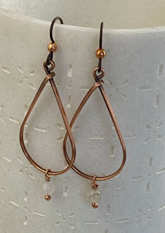 Copper teardrop hoop earrings with moonstone