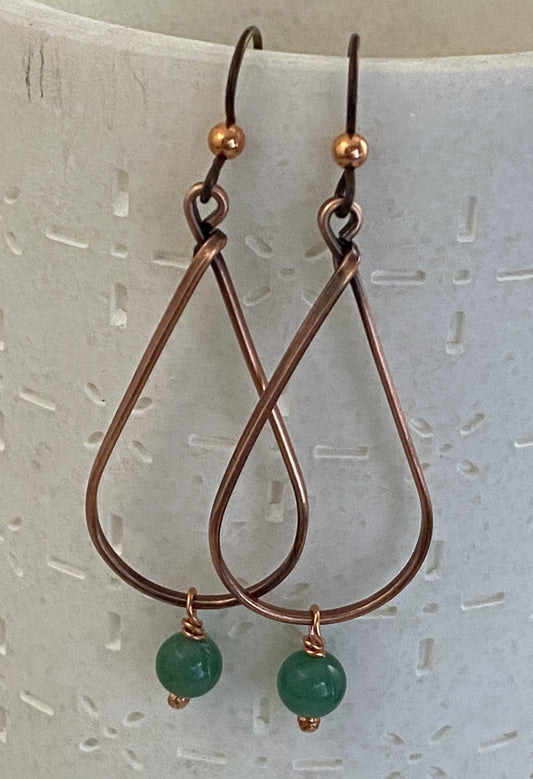 Copper teardrop hoop earrings with aventurine