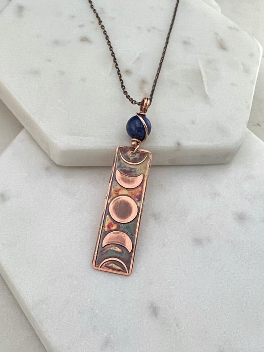 Moon phase acid etched copper necklace with lapis gemstone