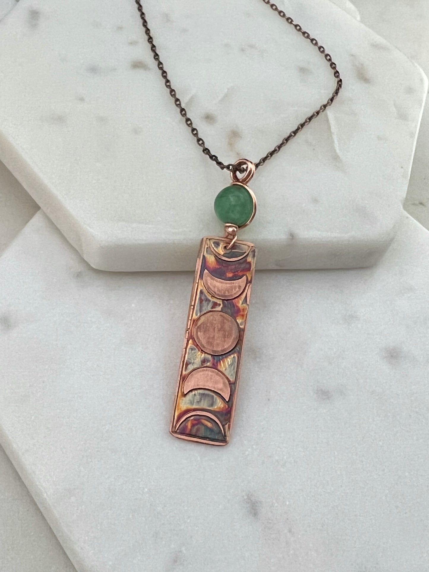 Moon phase acid etched copper necklace with aventurine gemstone