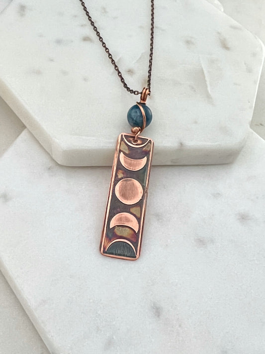 Moon phase acid etched copper necklace with apatite gemstone