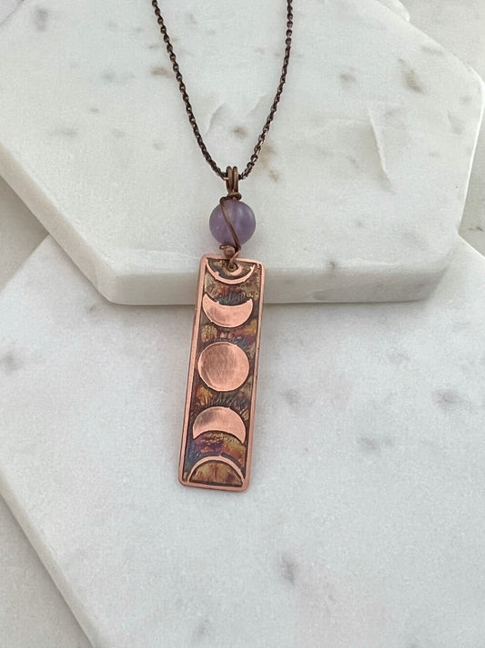 Moon phase acid etched copper necklace with amethyst gemstone