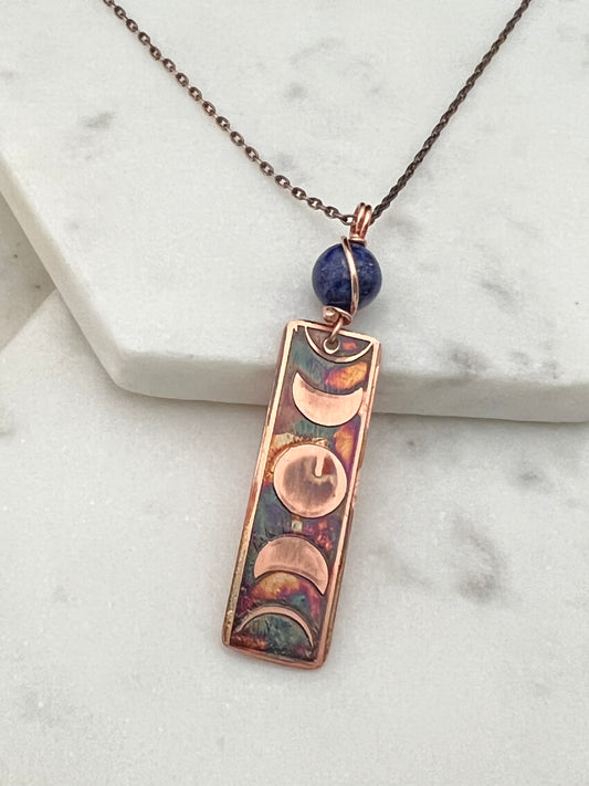 Moon phase acid etched copper necklace with lapis gemstone