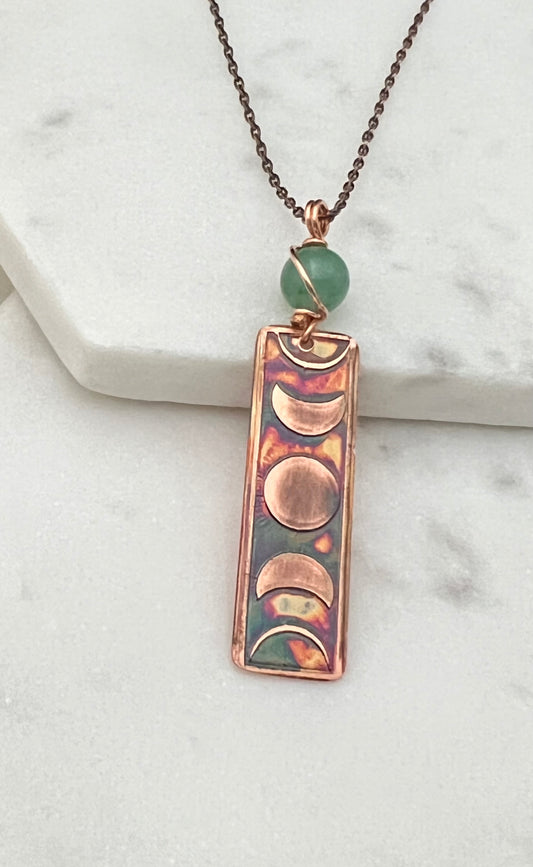 Moon phase acid etched copper necklace with aventurine gemstone