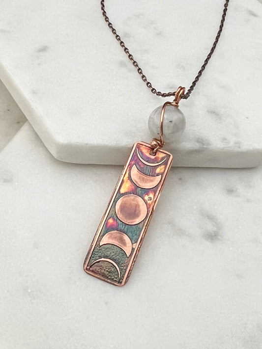 Moon phase acid etched copper necklace with moonstone gemstone