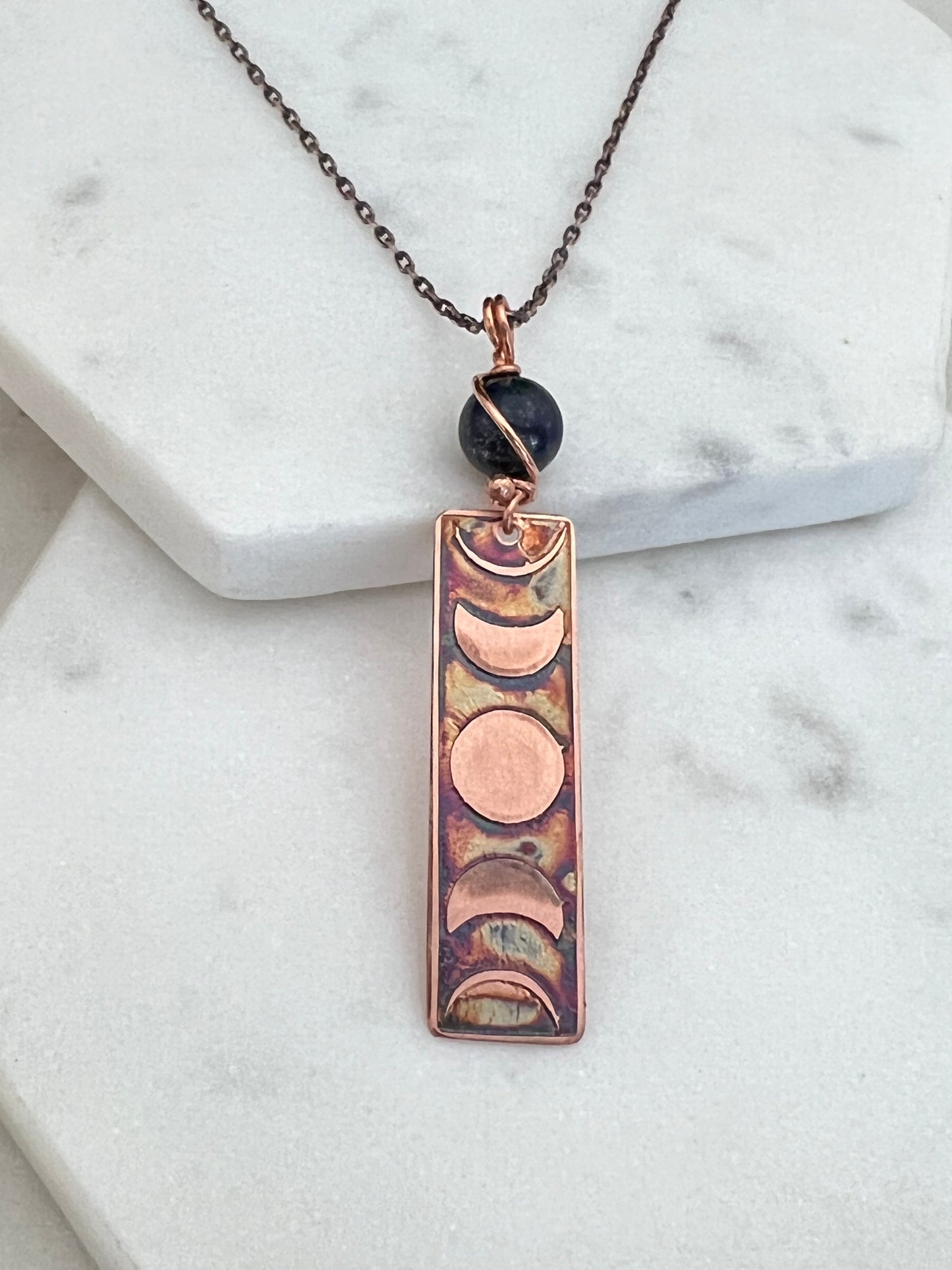 Moon phase acid etched copper necklace with chrysocolla gemstone