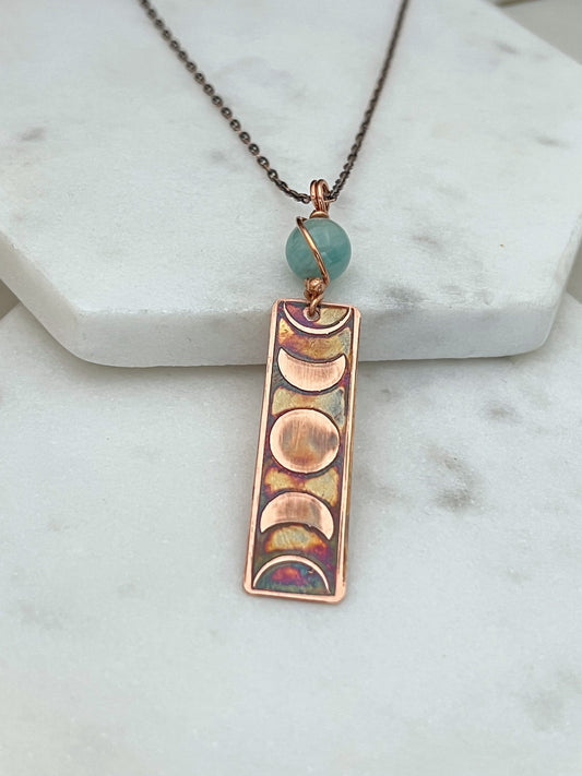 Moon phase acid etched copper necklace with amazonite gemstone