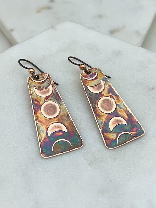 Acid etched copper moon phase earrings