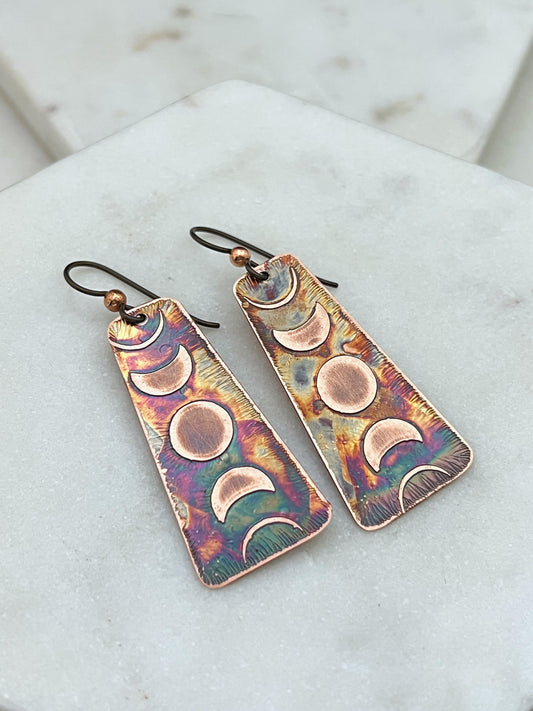 Acid etched copper moon phase earrings