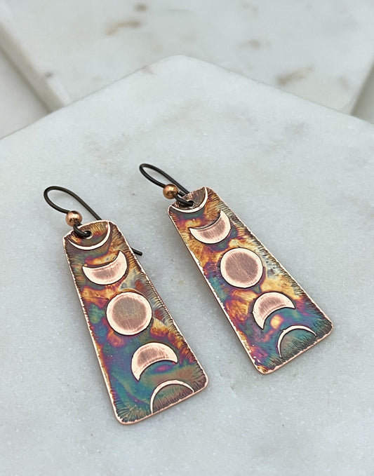 Acid etched copper moon phase earrings