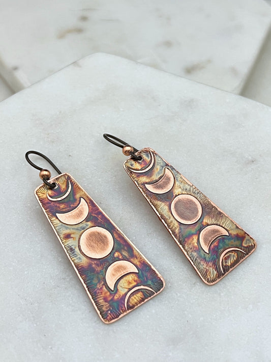 Acid etched copper moon phase earrings