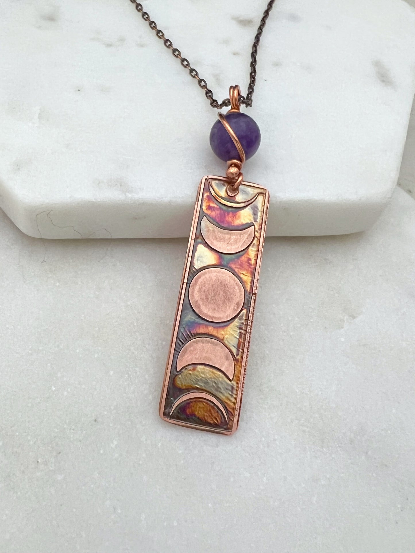 Moon phase acid etched copper necklace with amethyst gemstone